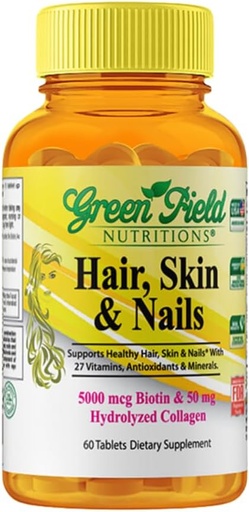 [BRSWYZTYOZ5RYALU] Greenfield Nutritions Halal Biotin Tablet for Adult - 60 Halal Multivitamin for Hair Skin and Nails - High potency 5000mcg Biotin with 50mg Collagen and Minerals - Gelatin Gluten Free, Non-GMO Vitamin
