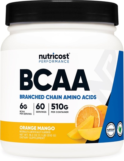 [BRSRMFIEBMJWKEI4] Nutricost BCAA pulver (Orange Mango, 60 Serverer) - 2:1:1 Optimalt forhold, Glutenfri, Ikke-GMO, Vegetarisk