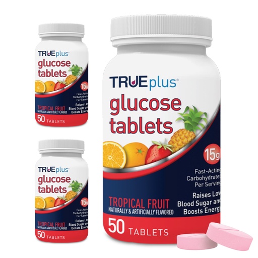 [BRSWYGT4CVYGYCTB] TRUEplus Glucose Tablets, Chewable, Tropical Fruit Flavor, 15g Fast-Acting Carbohydrates, Fat Free, Gluten Free, Boost Energy, 50 Count, 3 Bottles