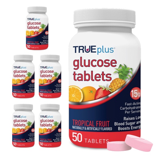 [BRSWYGT4CV7AG3DA] TRUEplus Glucose Tablets, Chewable, Tropical Fruit Flavor, 15g Fast-Acting Carbohydrates, Fat Free, Gluten Free, Boost Energy, 50 Count, 6 Bottles