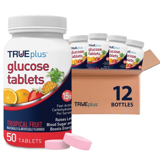 [BRSREAD4OUJWGDL2] TRUEplus Glucose Tablets, Chewable, Tropical Fruit Flavor, 15g Fast-Acting Carbohydrates, Fat Free, Gluten Free, Boost Energy, 50 Count, 12 Bottles
