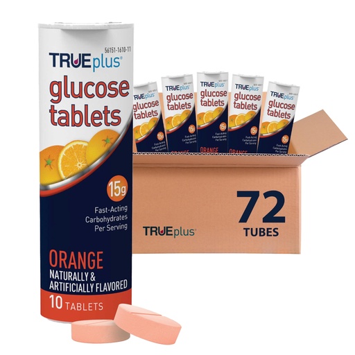 [BRSREAD4A4MAKGTO] TRUEplus Glucose Tablets, Chewable, Orange Flavor, 15g Fast-Acting Carbohydrates, Fat Free, Gluten Free, Boost Energy, 10 Count, 72 Tubes