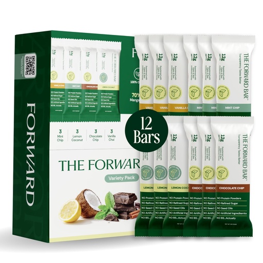 [BRSRGBLQBACREH3L] The Forward Bar – Variety Pack Protein Bar | Whole Food, Plant-Based, Gluten-Free, Dairy-Free, Non-GMO | 12g Complete Protein, High Fiber, Healthy Snack & Meal Replacement | Box of 12 Bars