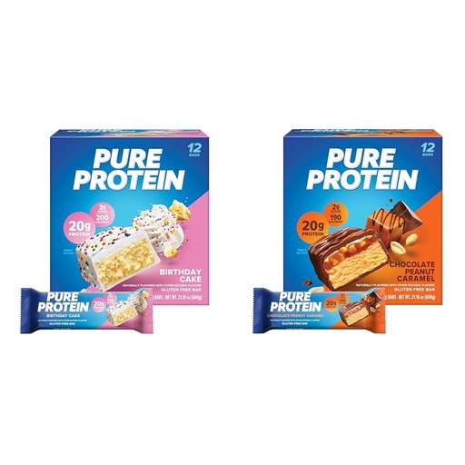 [BRSROCACBZYWAAA3] Pure Protein Birthday Cake and Chocolate Peanut Caramel Protein Bars, 20g Protein, 190-200 Calories, Gluten Free, 12 Count