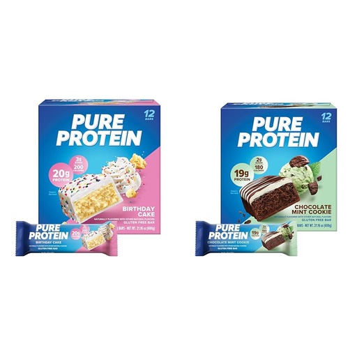 [BRSROCAFOJYAKFD7] Pure Protein Birthday Cake & Chocolate Mint Cookie Protein Bars, 20g & 19g Protein, Gluten Free, 12 Count
