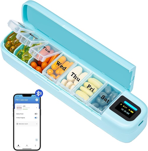 [BRSRO2QDOJ7RQDQZ] Daviky Smart Pill Organizator cu alarmă, Bluetooth Daily O dată pe zi Pilula cutie 7 zi cu APP, Weekly Travel Pill Case, Portable Pilula Reminder pentru medicamente, Suplimente și vitamine (Green)