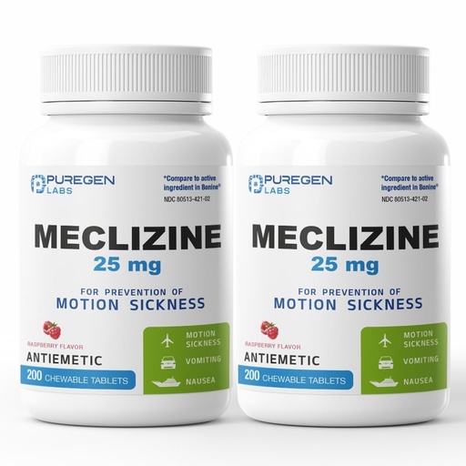 [BRSRAAANCQCQIFAV] Puregen Labs Meclizine 25 mg Antiemetic 200 chewable Tablets | Motion Sickness Relief - Prevent Nausea, Vomiting, and Dizziness | Dairy Free | Value Pack – Total 400 chewable Tablets