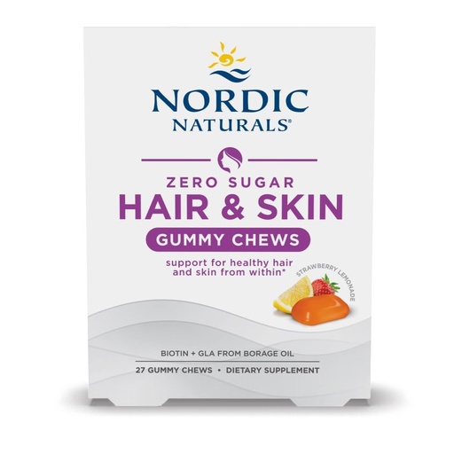 [BRSRMZ33BZ6WGYAU] Nordic Naturals Zero Sugar Hair & Skin Gummy Chews, Strawberry Lemonade - 27 Gummy Chews - Biotin + GLA from Borage Oil - Promotes Healthy Balance of Fats in Skin - Non-GMO - 27 Servings