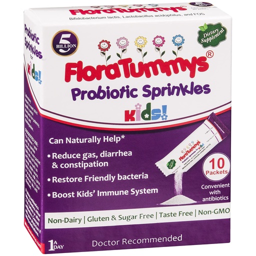 [BRSWIGYBBEIRSADA] FloraTummys Probiotic Sprinkles Kids 10ct: Taste-Free, Easy-to-Use Probiotic Powder Packets, Non-Dairy, Gluten & Sugar-Free. Non-GMO, Travel Size