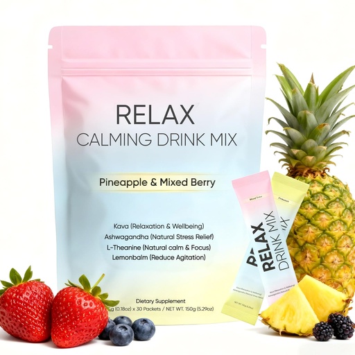 [BRSRGYAEPMGQ2F3V] Relax Calming Drink, Natural Calm Powder Drink with L-Theanine, Ashwagandha and Kava, Sugar Free Calm Supplement for Relax & Natural Relieve Stress, Non GMO, Pineapple & Mixed Berry, 30 Packets (1)