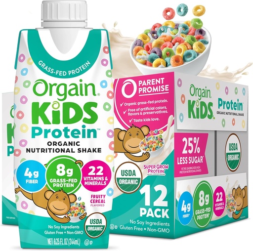 [BRSROFQBBUIWO2Q6] Orgain Organic Kids Nutritional Protein Shake, Fruity Cereal - Kids Snacks with 8g Dairy Protein, 22 Vitamins & Minerals, Fruits & Vegetables, Gluten Free, Soy Free, Non-GMO, 8.25 Fl Oz (Pack of 12)