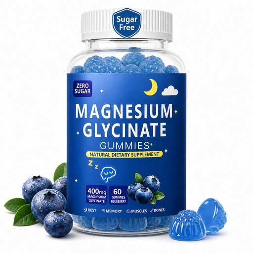 [BRSRYZQFPIDWCEL5] Magnesium Gummies for Kids and Adults, Sugar-Free 400mg Magnesium Glycinate Gummies, Chewable Magnesium Supplement for Relaxation and Muscle Function Support, Blueberry Flavor, 60 Count