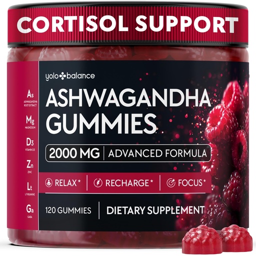 [BRSRGBT2OEFGMFL4] Ashwagandha Gummies 2000mg, Raspberry Flavor (120 Count) - Sugar-Free Adaptogen Supplement with L-Theanine, GABA, Magnesium, Zinc & Vitamin D3, Vegan, Non-GMO Calm & Balance Support for Men & Women