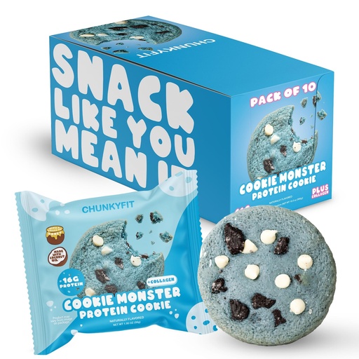 [BRSRGAQPC4OQY3Q2] CHUNKYFIT Cookie Monster Protein Cookie - Made with Coconut Oil, Collagen and a Touch of Honey, Soft Baked Balanced Snack, Good for Post Workout Recovery, 16g Protein - 1.95 OZ - 10 Pack