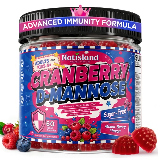 [BRSRGBIFOIPQ4FYY] Cranberry & D-Mannose Gummies for Kids & Teens 4+, Kids Cranberry & D-Mannose Gummies, with Probiotics & Prebiotics, DHA Omega-3, Immune Support Vitamins, Sugar Free, Non-GMO, 60 CT