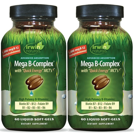 [BRSRYYI6DICGY2DG] Irwin Naturals Mega B-Complex - Vitamin B Complex with Vitamin B12, Folate B9, Biotin B7, B1, B2, B3, B5, B6, and Quick Energy MCTs - 60 Liquid Softgels (2 Pack)