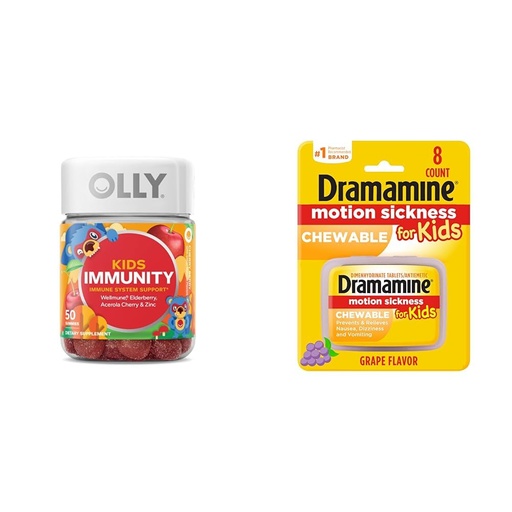 [BRSRAYYYARYGODTG] OLLY Kids Immunity Gummy, Immune Support, 50 Count and Dramamine Kids Chewable, Motion Sickness Relief, Grape, 8 Count