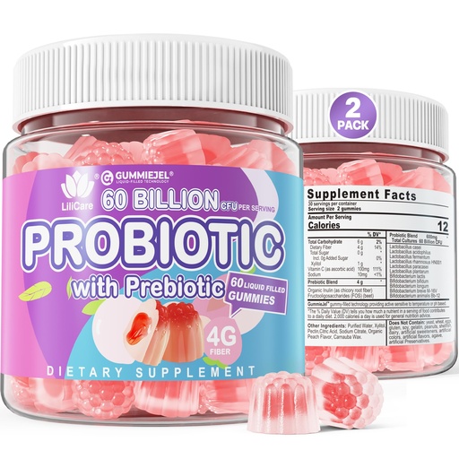 [BRSROAL7PJ6AMD3F] Probiotic Gummies for Women Men, 60 Billion CFU Probiotics + Prebiotics Gummy Sugar Free, 11 Strains for Digestive Health, Supports Constipation, Diarrhea, Gas & Bloating - Peach Flavor, Vegan, 120ct