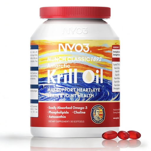 [BRSROCTYAQBBG23X] NYO3 100% Antarctic Krill Oil 850mg Omega 3 Supplement Beyond Fish Oil with Choline & Antioxidant Astaxanthin for Heart Brain Joint, GMP, Third Party Tested, No Fishy Burps - 30 Softgels