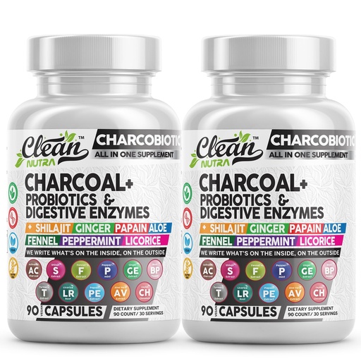 [BRSRGGQZBN7QYADV] Clean Nutra Activated Charcoal Pills + Shilajit Probiotic Digestive Enzymes for Digestive Health Capsules with Peppermint Fennel Licorice Papain Ginger Turmeric Powder | Gut Health (Pack of 2)