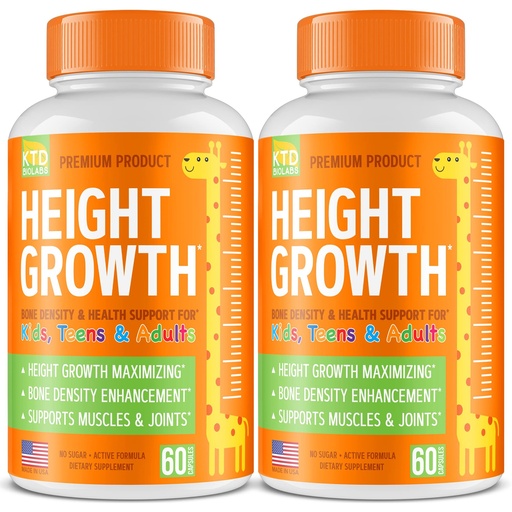 [BRSW2CT2AQIGCHTK] Kids Height Growth Support Capsules 2 Pack – Daily Development Formula with Calcium, Vitamin D3 & Zinc – Bone & Nutrition Support for Kids & Teens – Amino Blend – 120 Capsules Total