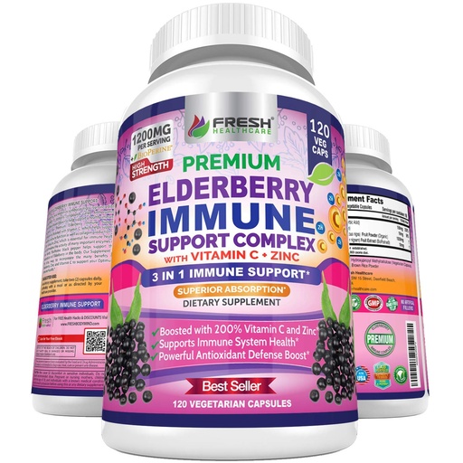 [BRSWYZD5CQIWAF3L] FRESH HEALTHCARE Elderberry Capsules - High Potency Black Elderberry with Zinc & Vitamin C - Premium 3-in-1 Immune Support Vitamins for Adults