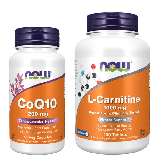 [BRSRGCY5BMORAYI6] Now Foods Cellular Energy Duo Bundle* - Coenzyme Q10 CoQ10 for Women and Men 200mg Supplement 60ct + L-Carnitine 1000mg 100ct - Supports Cardiovascular Health, Cellular Energy and Wellness*