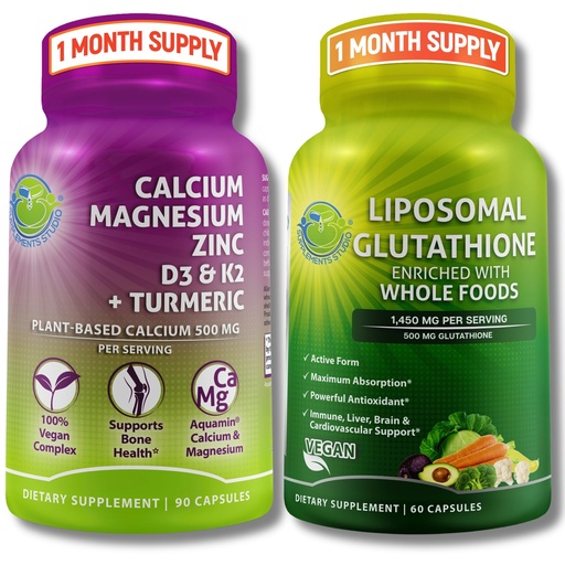 [BRSRAHA5BYJQYCA2] Calcium and Glutathione Duo – Liposomal Glutathione 500mg with Organic Whole Foods + Plant-Based Calcium 500mg (from Aquamin®), Magnesium, Zinc, D3, K2 & Turmeric – Vegan, Non-GMO, Clean Nutrition