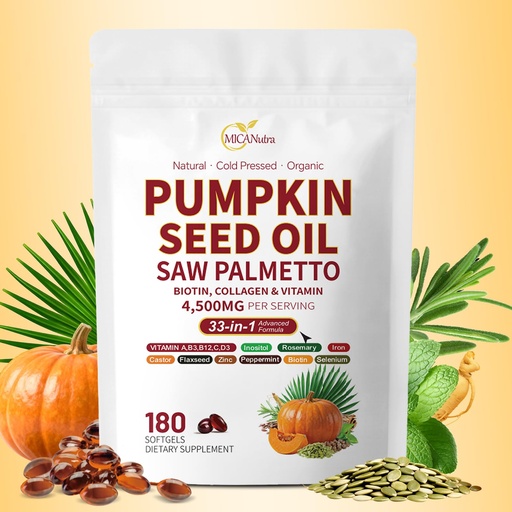 [BRSRYYDYB4NWMEIU] Pumpkin Seed Oil with Saw Palmetto Capsules | 4500mg | 180 Count/Bag| 33 in 1 Vitamin C D3 B12 E A, Castor, Zinc, Biotin, Iron, Peppermint | Hair Growth & DHT Blocker for Women Men