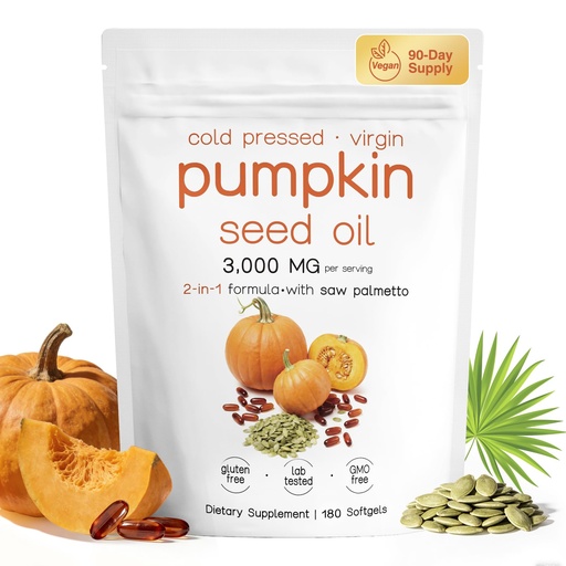 [BRSRYZQOOYIBSEIY] Pumpkin Seed Oil with Saw Palmetto - 180 Softgels | Cold Pressed, Pure Virgin Oil with Omega 6 & 9, Hair, Bladder & Prostate Support |Essential Fatty Acids & Phytosterols | Non-GMO