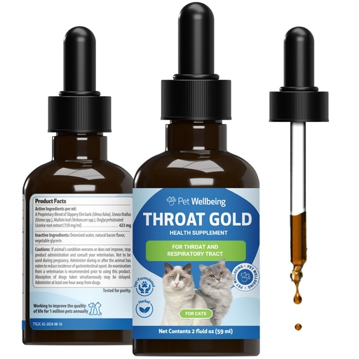 [BRSWKHY2AF7BKFA3] Pet Wellbeing Throat Gold for Cats - Cat Respiratory Support, Occasional Cough & Hoarseness with Mullein & Slippery Elm - NASC Certified & Vet-Formulated - 2 oz Liquid Formula