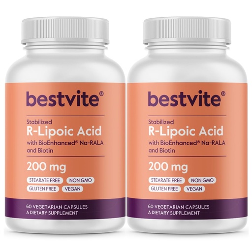 [BRSRMFI5OYPWOHTB] BESTVITE R-Lipoic Acid 200mg Stabilized with Bio-Enhanced Na-RLA (120 Vegetarian Capsules)(60x2) - No Stearates - No Fillers - Vegan - Gluten Free - Non GMO