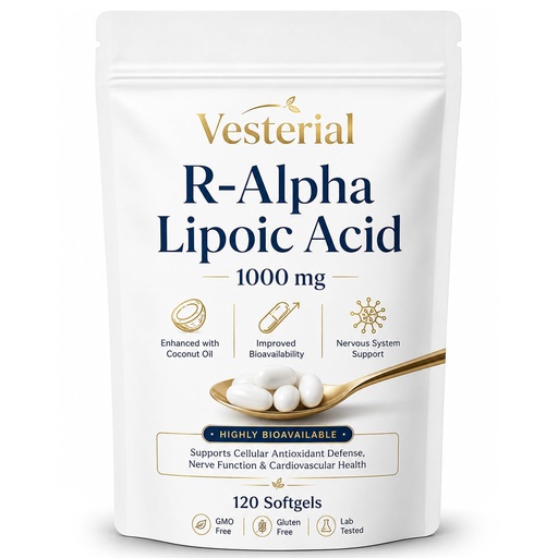 [BRSRYZI2AEJWM3L3] Vesterial R-Alpha Lipoic Acid Extract, R Alpha Lipoic Acid 1000mg with Coconut Oil, R-ALA Softgels , Metabolism & Energy Support Supplement, Non-GMO, Gluten Free, Vegan-Friendly Formula, 120 Count