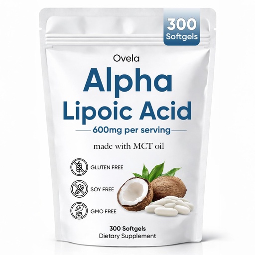 [BRSRGAABPMPQK2T4] Aacnre Ovela Alpha Lipoic Acid 600mg with MCT Oil, Antioxidant Support for Nerve, Energy & Cellular Health, Non-GMO, Vegan, Gluten Free, 300 Softgels