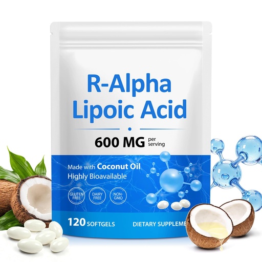 [BRSRYZYKCMNWY2D4] R-Alpha Lipoic Acid 600mg Per Serving for Energy Level, Vitality, Cognitive, Antioxidant Support, with MCT Oil, High Absorption|Non-GMO, Gluten Free, No Soy, 120 Pcs