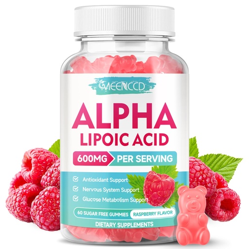 [BRSREAQPOAIRS3TB] MEENCCD Alpha Lipoic Acid Gummies 600mg - ALA Supplement for Antioxidant Support, Vegan, Sugar-Free, Raspberry Flavor, 60 Count