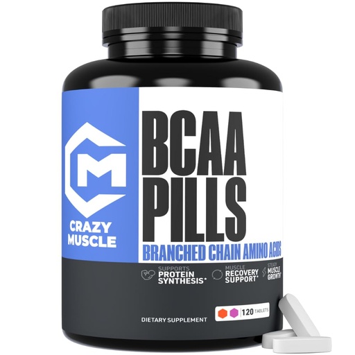 [BRSRAGIYC4NRSD33] Crazy Muscle BCAA Pills Branched Chain Amino Acids Essential Supplement for Workout Support Pre Post Training Fitness Support for Men and Women 2:1:1 Ratio 120 Tablets 40 Servings.