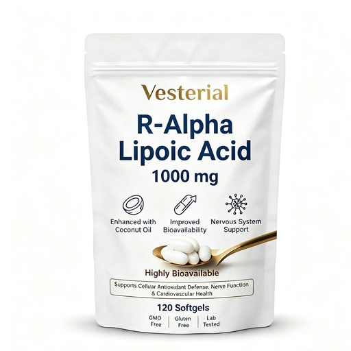 [BRSRYZI3CNYGMCD6] Vesterial R-Alpha Lipoic Acid, Alpha Lipoic Acid 1000mg with Coconut Oil, Boost Energy, Support Health, Non-GMO, Gluten Free, Vegan, 120 Count
