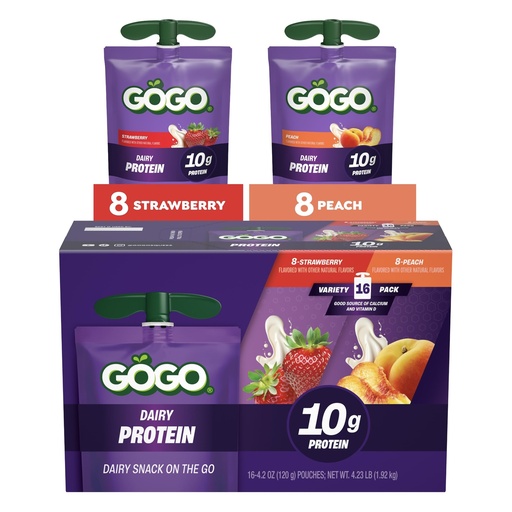 [BRSRGZIYOQBQGDL3] GOGO 10g Protein Variety Pack Strawberry and Peach Dairy Snack On The Go, 4.2 oz Pouches (Pack of 16) Gluten Free, Recloseable Cap, BPA Free
