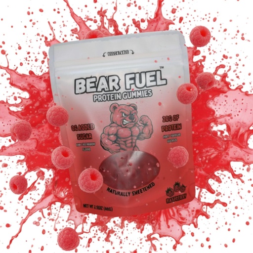 [BRSRGYAPOYBBQC36] Bear Fuel Protein Gummies – 20g Protein Candy Snack – High Protein, Zero Sugar, Naturally Sweetened Gummy Bears – Fruit Variety (3, Raspberry)