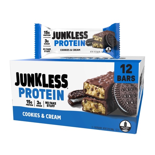 [BRSREHATBEPR4YL7] JUNKLESS Cookies & Cream Protein Bars | 15g Protein, No Added Sugar, High Fiber, Gluten Free | Healthy Snack for Kids & Adults | 12 Bars
