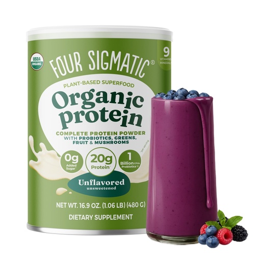 [BRSWGBI7O56WAFAU] Four Sigmatic Organic Plant-Based Protein Powder | Clean Vegan Protein Elevated with Lion’s Mane, Chaga, Cordyceps and More for Brain Function and Immune Support | Unflavored, 16.9 oz