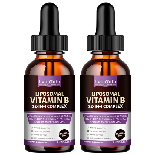 [BRSRYYYBO57R4YD3] 2 Pack 22-in-1 Liposomal Vitamin B Complex Liquid Drops,B1,B2,B3,B5,B6,B12 Methylcobalamin,Vitamin C,D3,K2,Riboflavin, Biotin, Pantothenic Acid, Immune & Energy Metabolism, Max Absorption