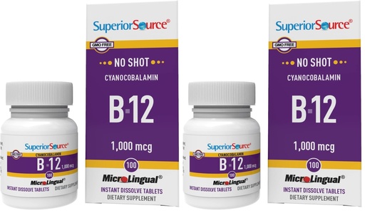[BRSREADRDECAECQ6] Superior Source No Shot Vitamin B-12 Cyanocobalamin 1000 mcg - Vitamin B-12 to Support Energy Production, Brain Health & Overall Wellness - Sublingual Tablets - 100 Dissolvable Tablets (Pack of 2)