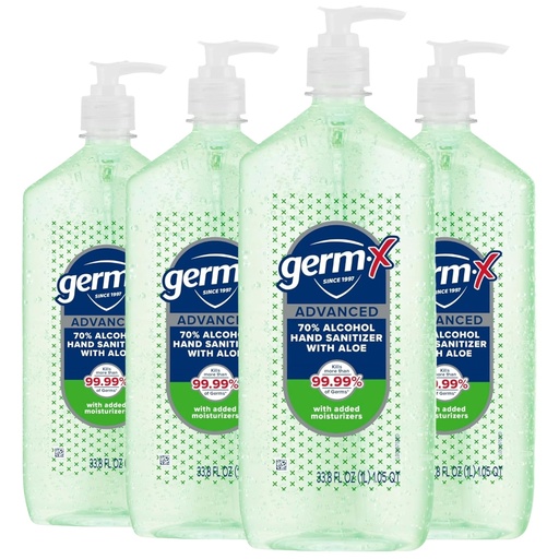 [BRSRECQHCMNBO3TG] Germ-X Advanced Hand Sanitizer with Aloe and Vitamin E, 1 Liter (Pack of 4), Less Drying Moisturizing Gel, No Rinse Formula, Pump Bottle