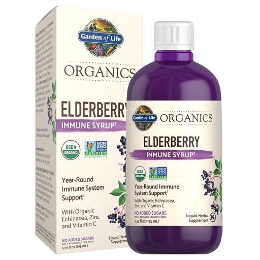 [BRSWGFL3CMMGAC3L] Garden of Life Organics Plant Based Elderberry Immune Syrup 6.59 floz (195 mL) for Kids & Adults - Sambucus, Echinacea, Zinc & Vitamin C, 0g Sugar, Organic Vegan Gluten Free Herbal Supplement