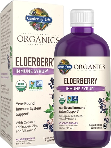 [BRSWGFL3CMMGAC3L] Livshage Organics Plant Basert Elderbær Immun Syrup 6.59 flaz (195 ml) for barn og voksne - Sambucus, Echinacea, sink og vitamin C, 0g Sukker, organisk vegan glutenfri urte supplement