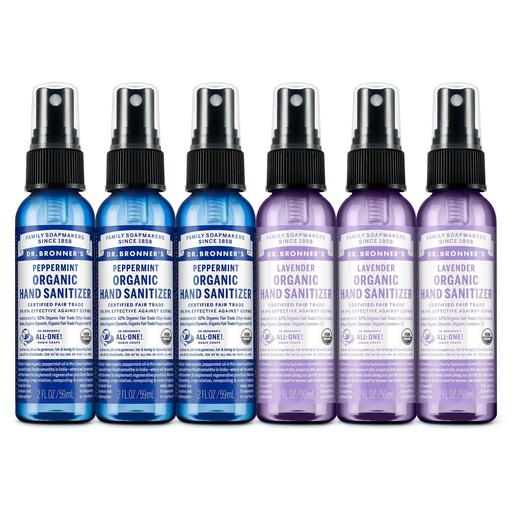 [BRSW2FINOV7RM3TD] Dr. Bronner's Organic Hand Sanitizer Spray Variety Pack Travel Size Bulk, Simple & Effective Formula, Scented, No Harsh Chemicals - Lavender & Peppermint, 2oz (6-Pack)