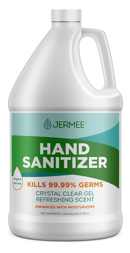 [BRSWY2QQDMIRY3DV] JERMEE Moisturizing Hand Sanitizer Gel, 70% Alcohol - Kills 99.99% Germs, Enhanced with Vitamin E and Aloe Vera - Crystal Clear Gel, Refreshing Scent, Made in USA - 1 Gallon