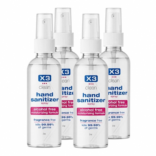 [BRSROZ3YBANB4F3K] X3 Clean Hand Sanitizer Spray, Alcohol Free, Fragrance Free, Kills 99.9% of Bacteria, Travel Size 2 oz (Pack of 4)